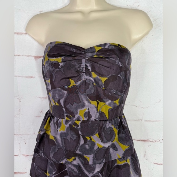 J. CREW 4 Floral Tiered Ruffle Strapless Grey Olive Layered Mini Cocktail Dress - Picture 11 of 14